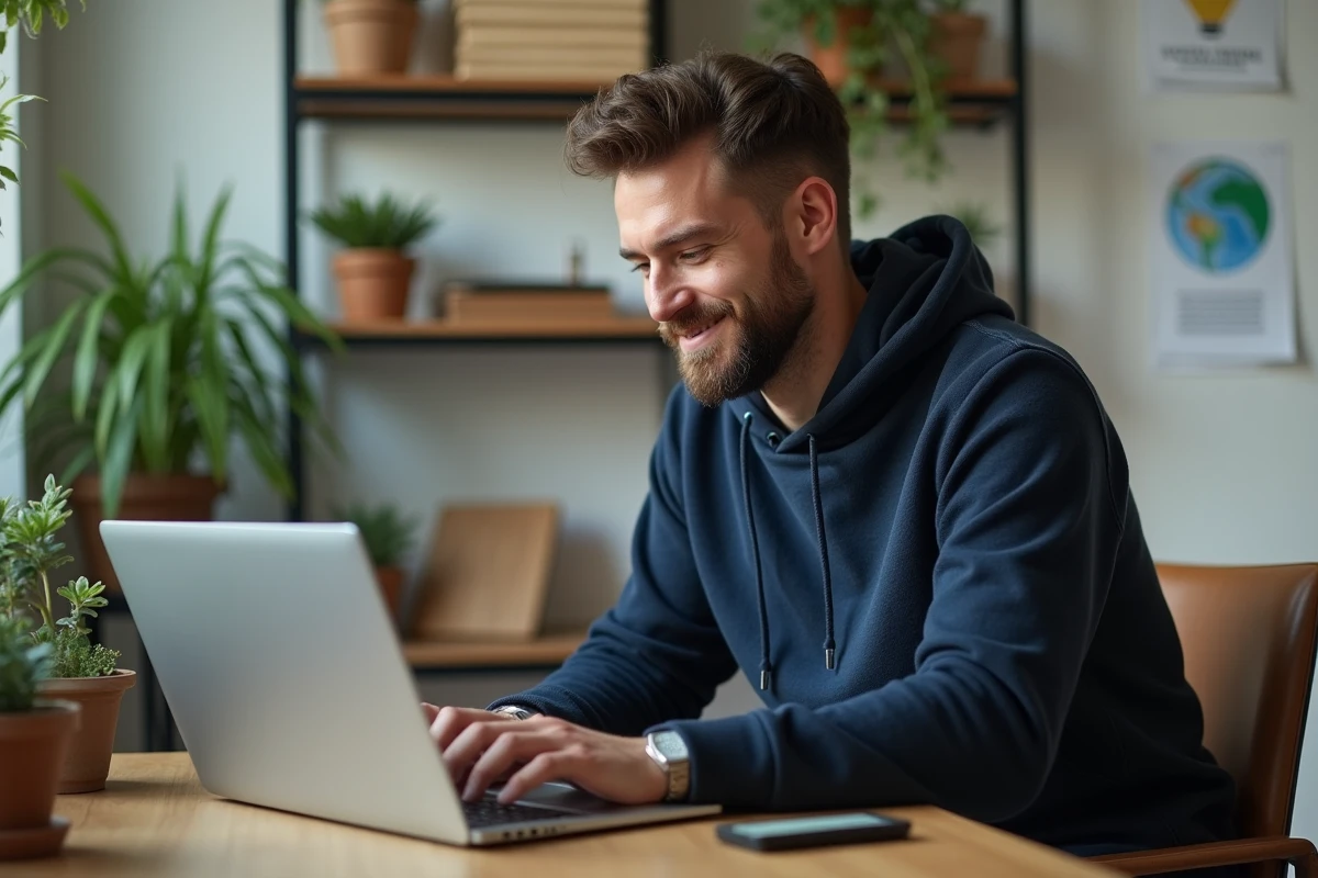 Homme répondant à un quiz Google sur la journée de la Terre depuis son bureau à domicile avec des plantes intérieures