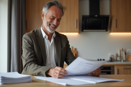 Homme français en veste de travail examine plans de rénovation