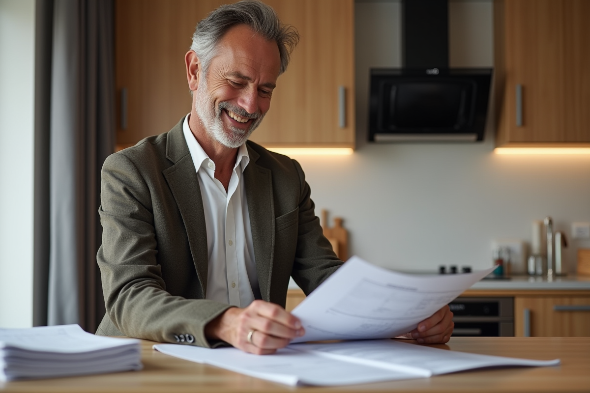 Homme français en veste de travail examine plans de rénovation