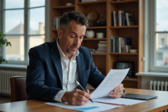 Homme d'âge moyen examinant documents de revenus locatifs