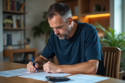 Homme d'une quarantaine révisant ses documents fiscaux à la maison