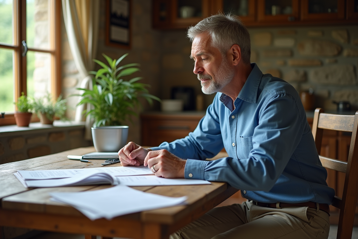 Homme d'âge moyen en cuisine lisant des documents