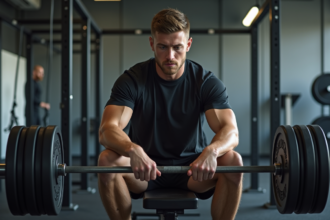 Homme musclé en salle de sport ajoutant des poids au barbell