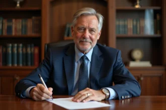 Homme d'âge moyen signant un contrat dans un bureau notarial