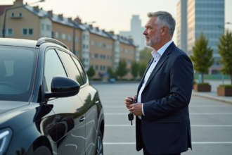 Homme d'âge moyen regardant une voiture essence 2025 dans un parking moderne