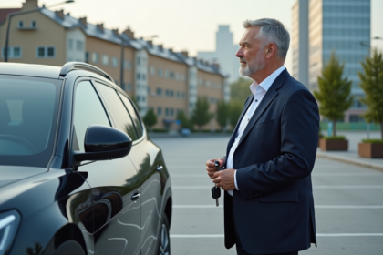 Homme d'âge moyen regardant une voiture essence 2025 dans un parking moderne