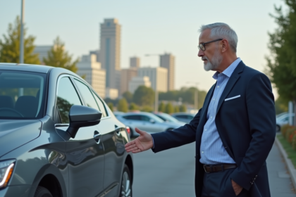 Homme d'âge moyen examinant une berline d'occasion en ville