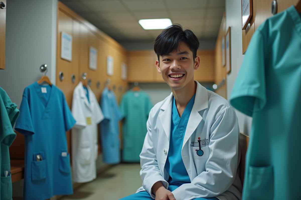 Jeune infirmier examine des blouses médicales dans la salle de repos