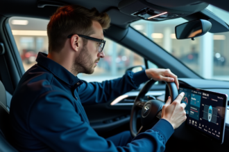 Jeune ingénieur automobile examinant un tableau de bord numérique