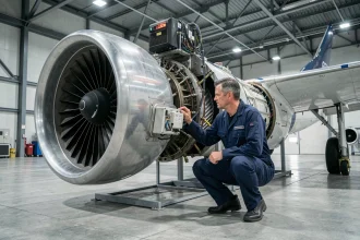 Ingénieur aéronautique inspectant un moteur d'avion hybride électrique dans un hangar moderne en 2026