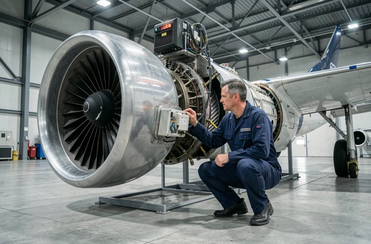 Ingénieur aéronautique inspectant un moteur d'avion hybride électrique dans un hangar moderne en 2026