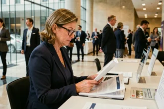 Professionnelle inscrite au congrès UINL Paris vérifiant ses documents à la table d'accueil d'un centre de congrès moderne