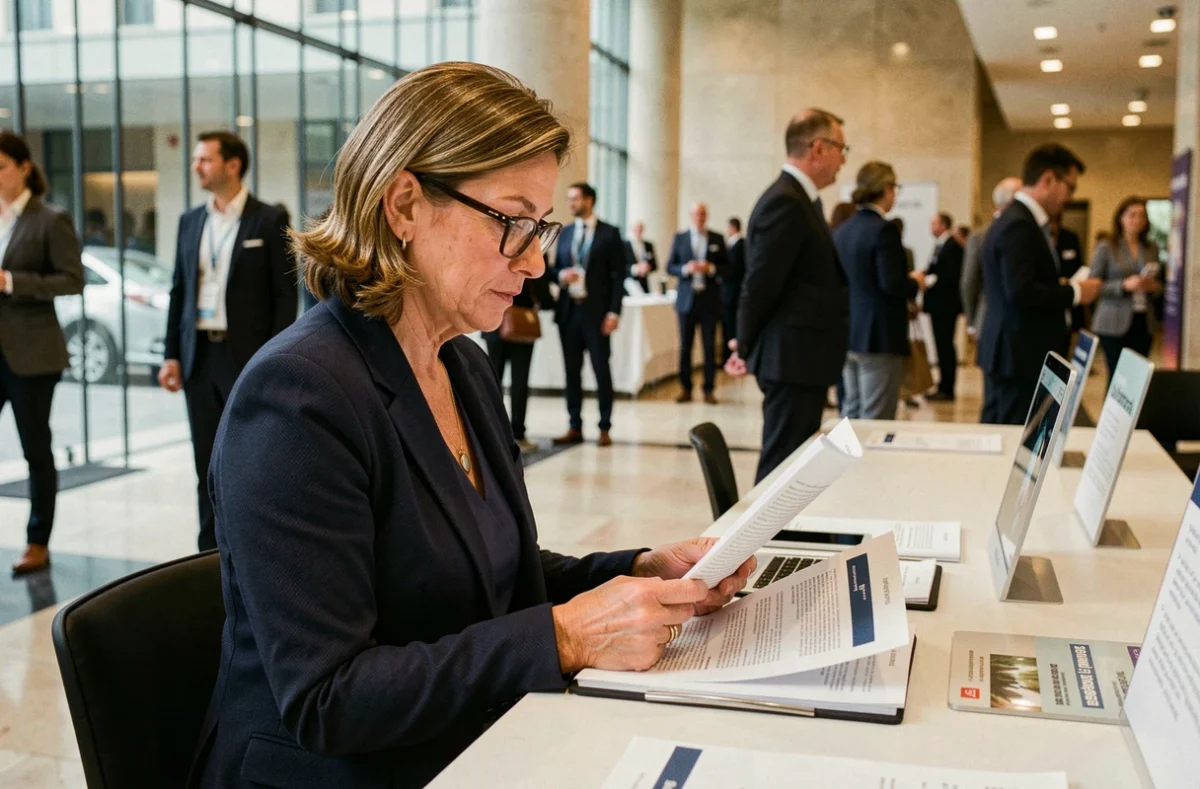 Professionnelle inscrite au congrès UINL Paris vérifiant ses documents à la table d'accueil d'un centre de congrès moderne