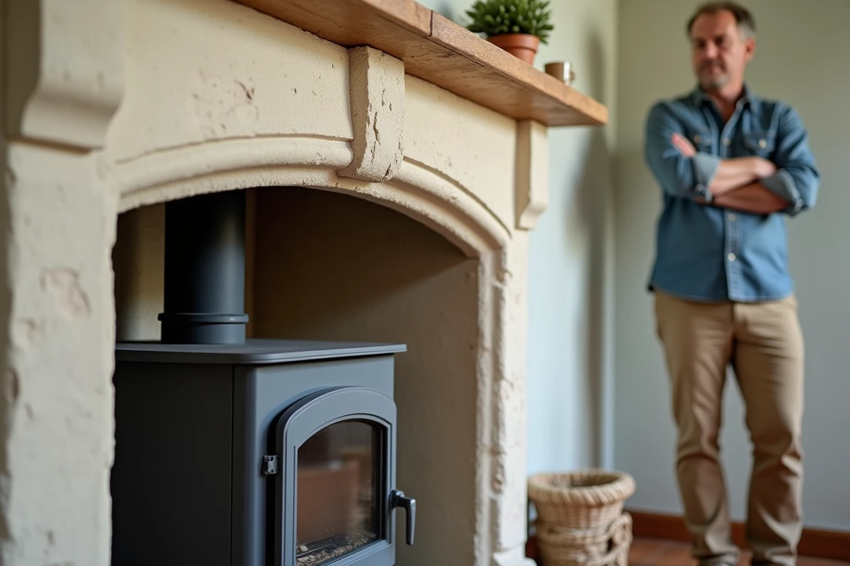 Insert de poêle moderne encastré dans une ancienne cheminée en pierre d'une maison de campagne française, mêlant charme rustique et équipement contemporain