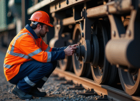 Inspecteur en tenue haute visibilité vérifiant les roues d'un train de fret