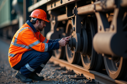 Inspecteur en tenue haute visibilité vérifiant les roues d'un train de fret