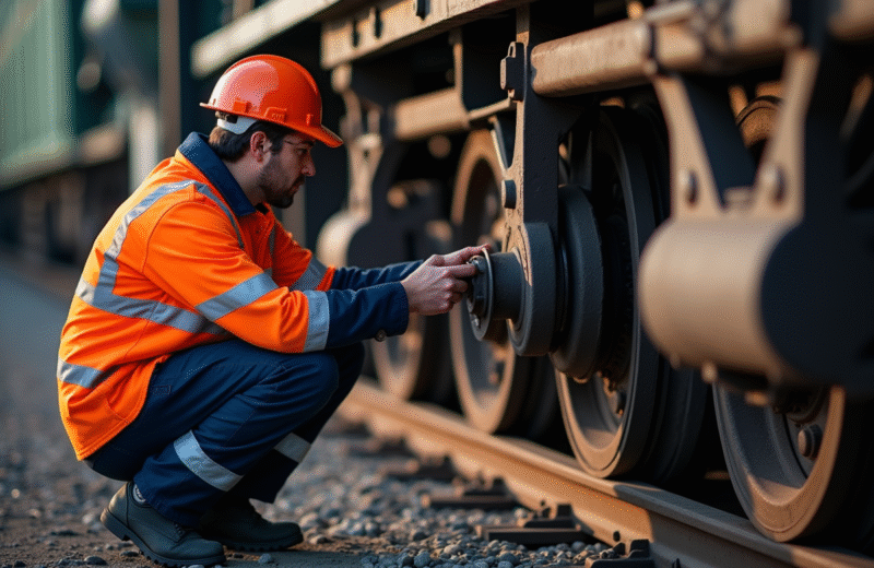 Inspecteur en tenue haute visibilité vérifiant les roues d'un train de fret