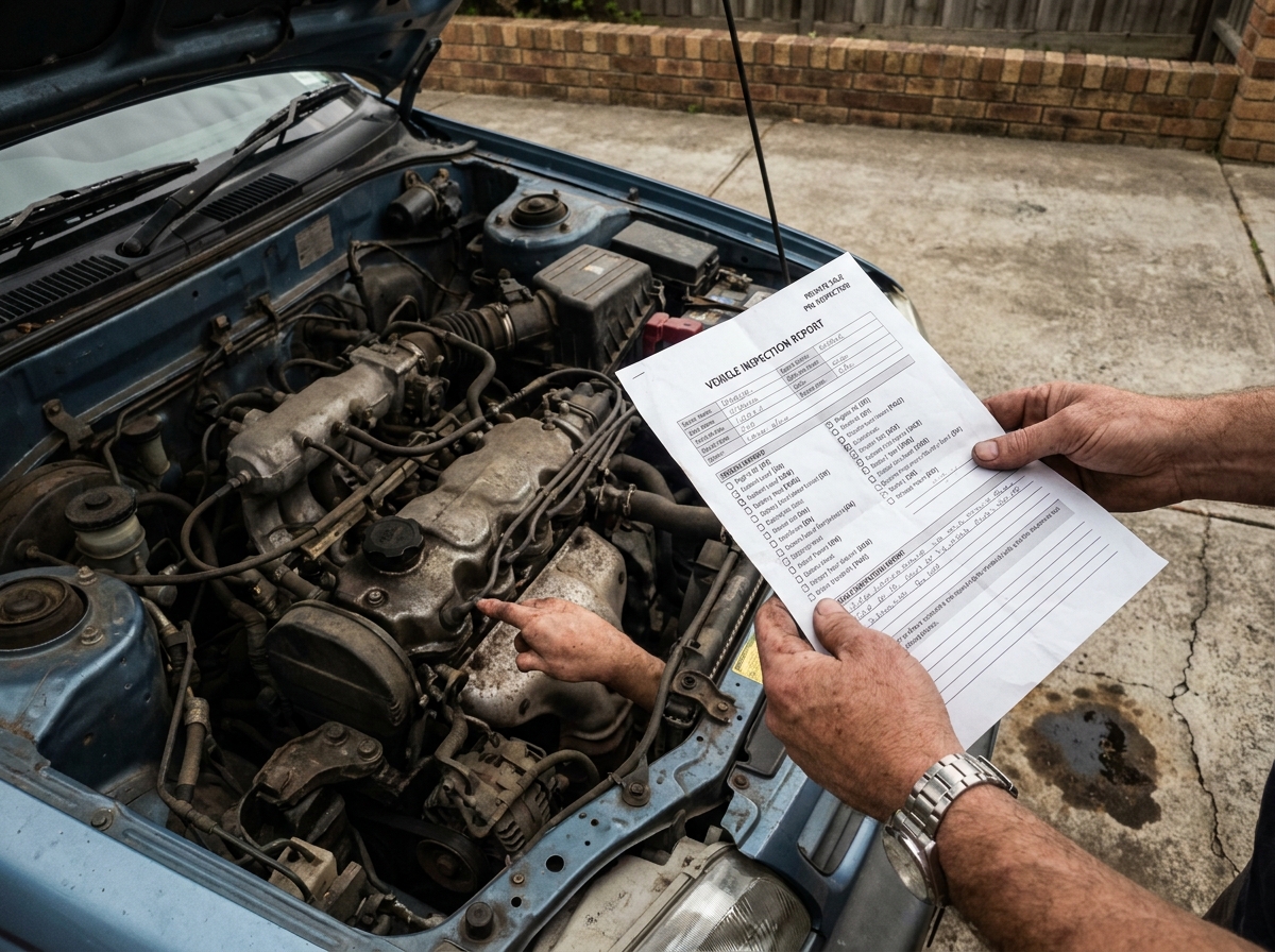 Inspection technique d'un moteur de voiture d'occasion avec rapport de contrôle lors d'une vente entre particuliers