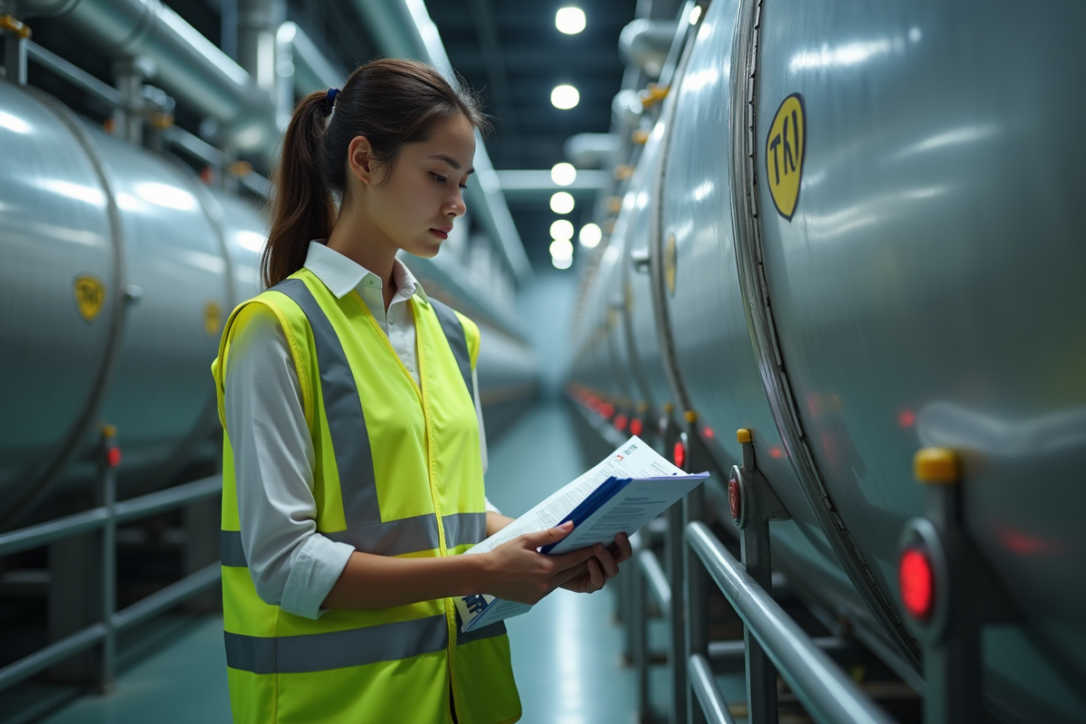 Jeune femme inspectant un réservoir d