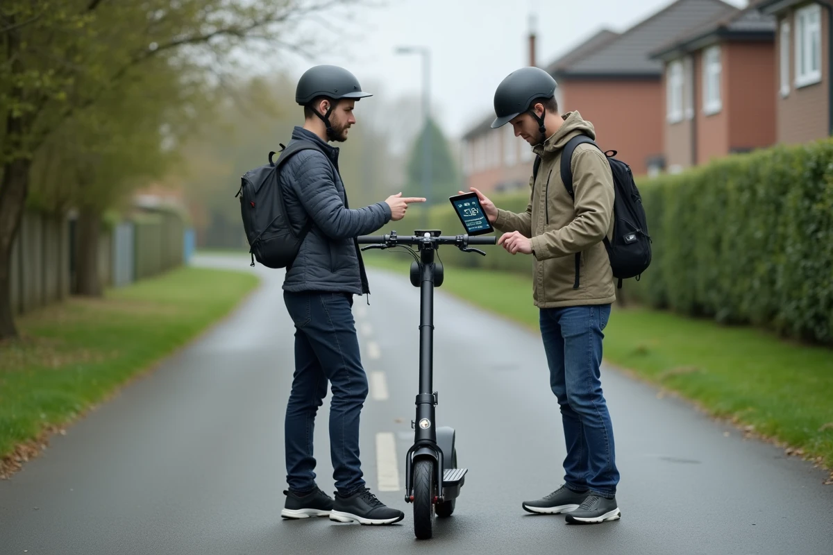 Deux hommes adultes inspectant une trottinette électrique sur une piste cyclable en banlieue