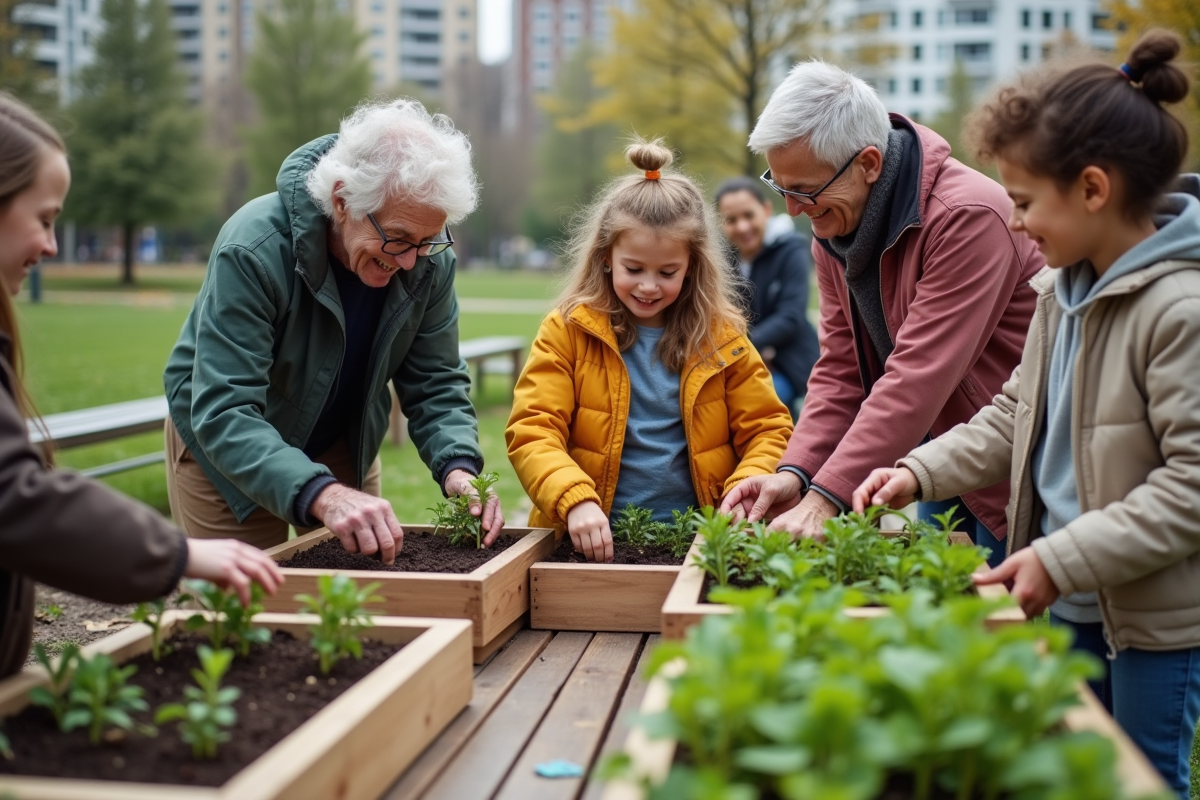 Groupes intergénérationnel plantant dans un jardin communautaire