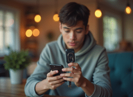 Jeune adulte utilisant un smartphone pour localiser un porte-clés connecté