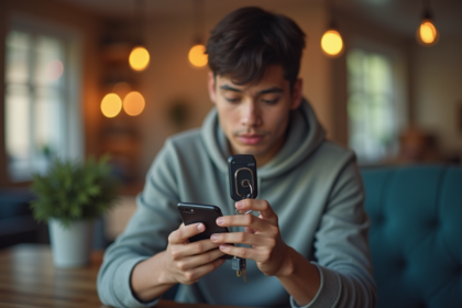 Jeune adulte utilisant un smartphone pour localiser un porte-clés connecté