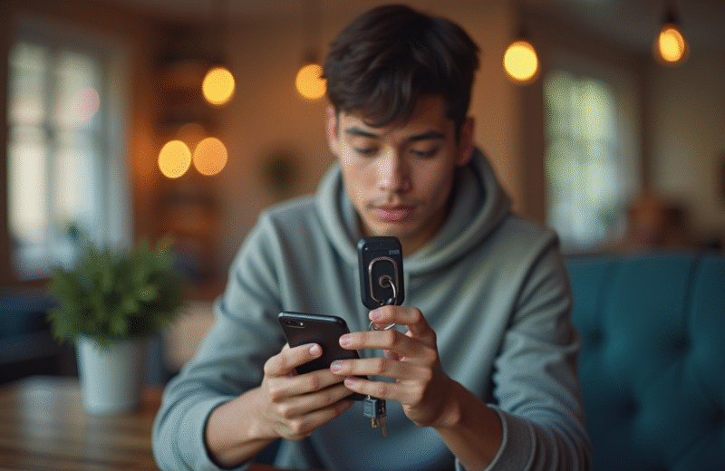 Jeune adulte utilisant un smartphone pour localiser un porte-clés connecté