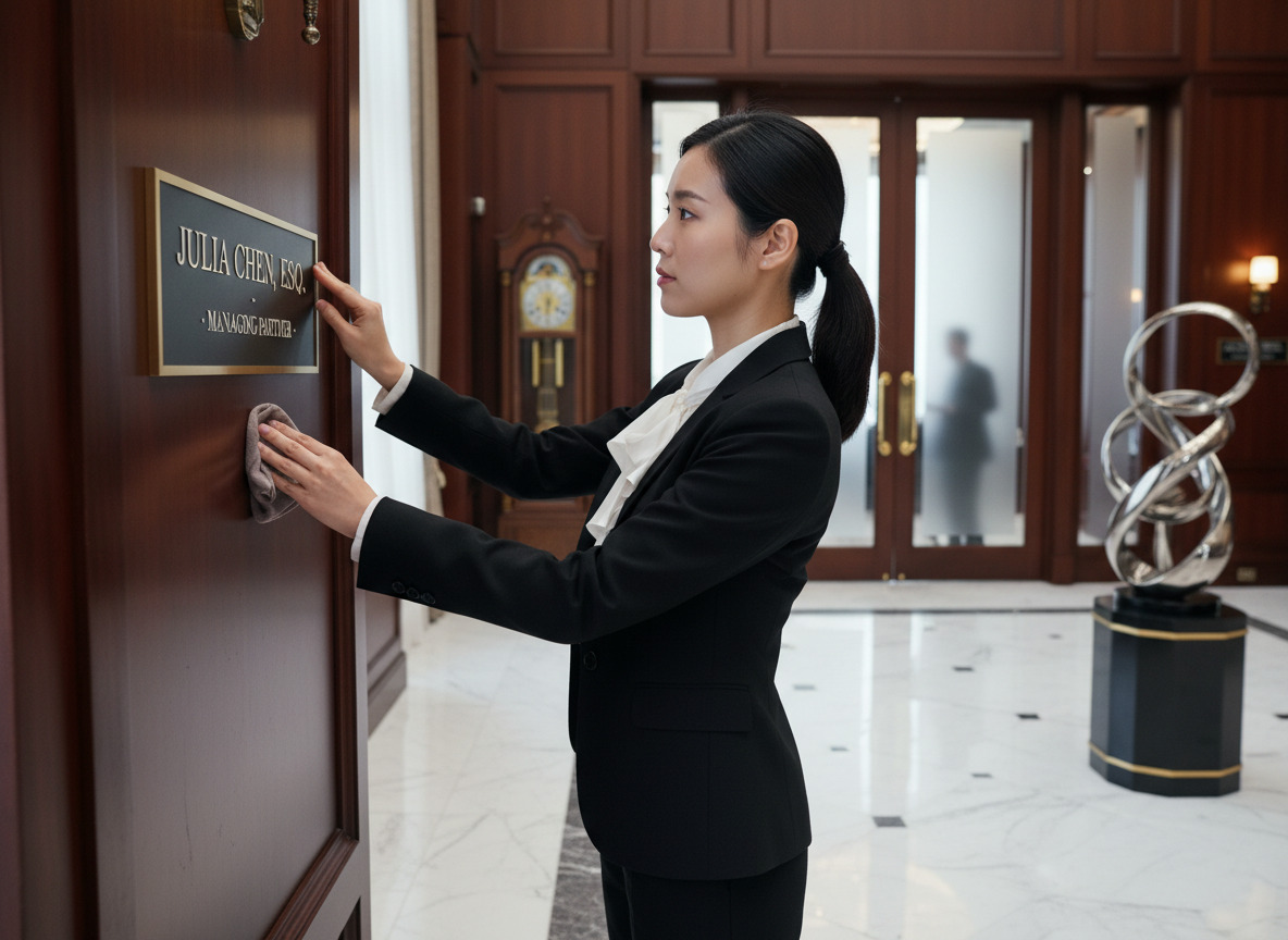 Jeune avocate ajustant une plaque dans un bureau élégant