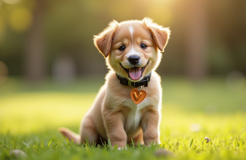 Jeune chiot souriant avec collier en parc ensoleille