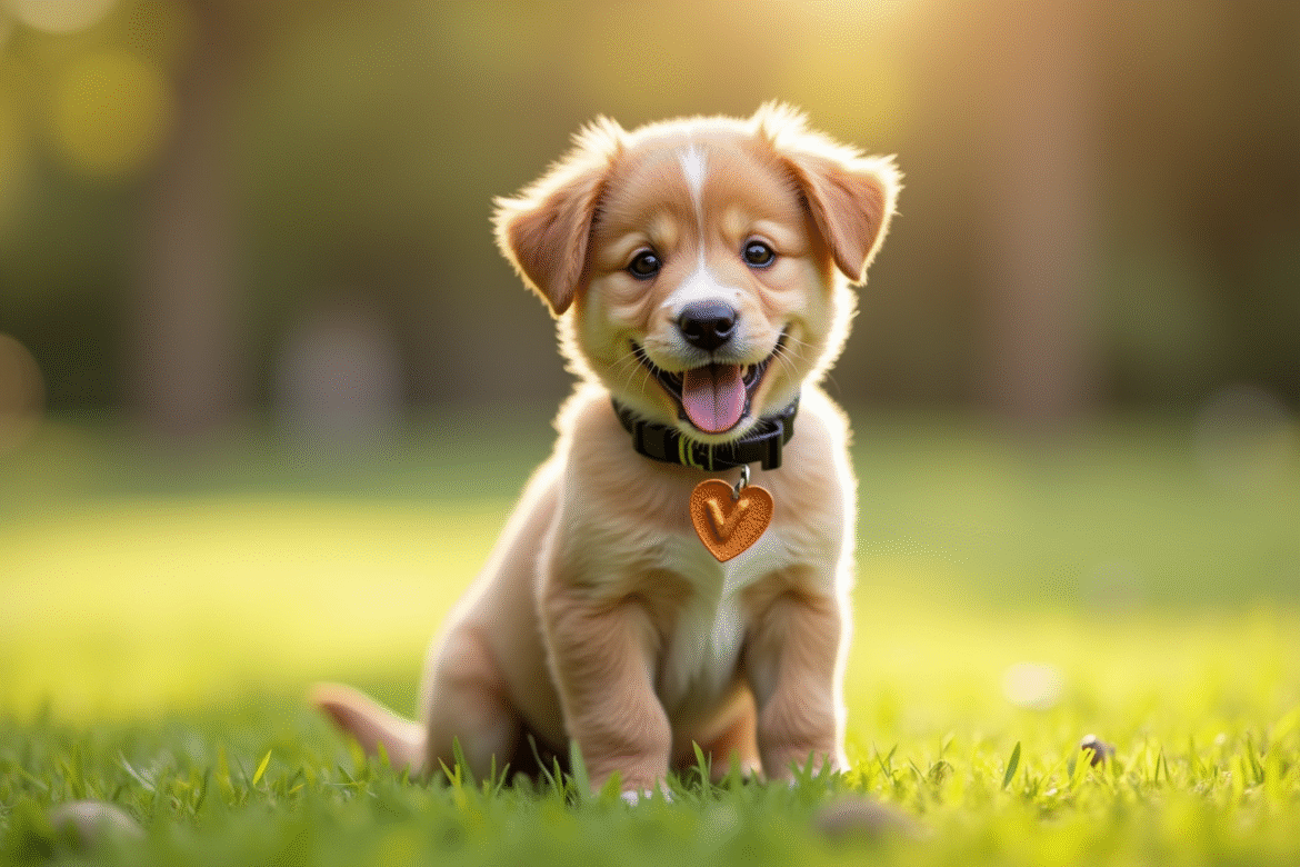 Jeune chiot souriant avec collier en parc ensoleille