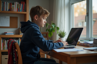 Jeune garçon concentré sur son ordinateur dans sa chambre