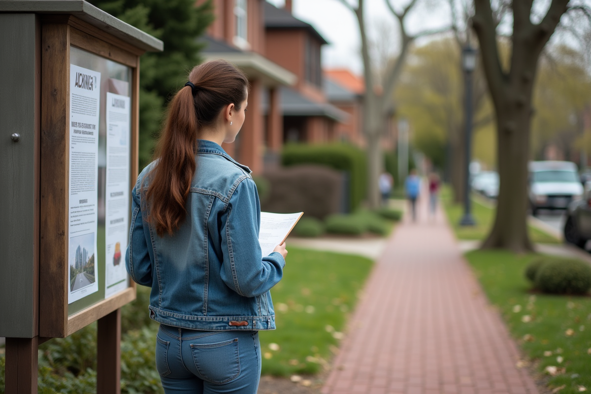 Jeune femme lisant une affiche de zonage dans le quartier