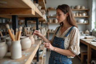 Jeune femme dans un atelier de poterie observant des outils