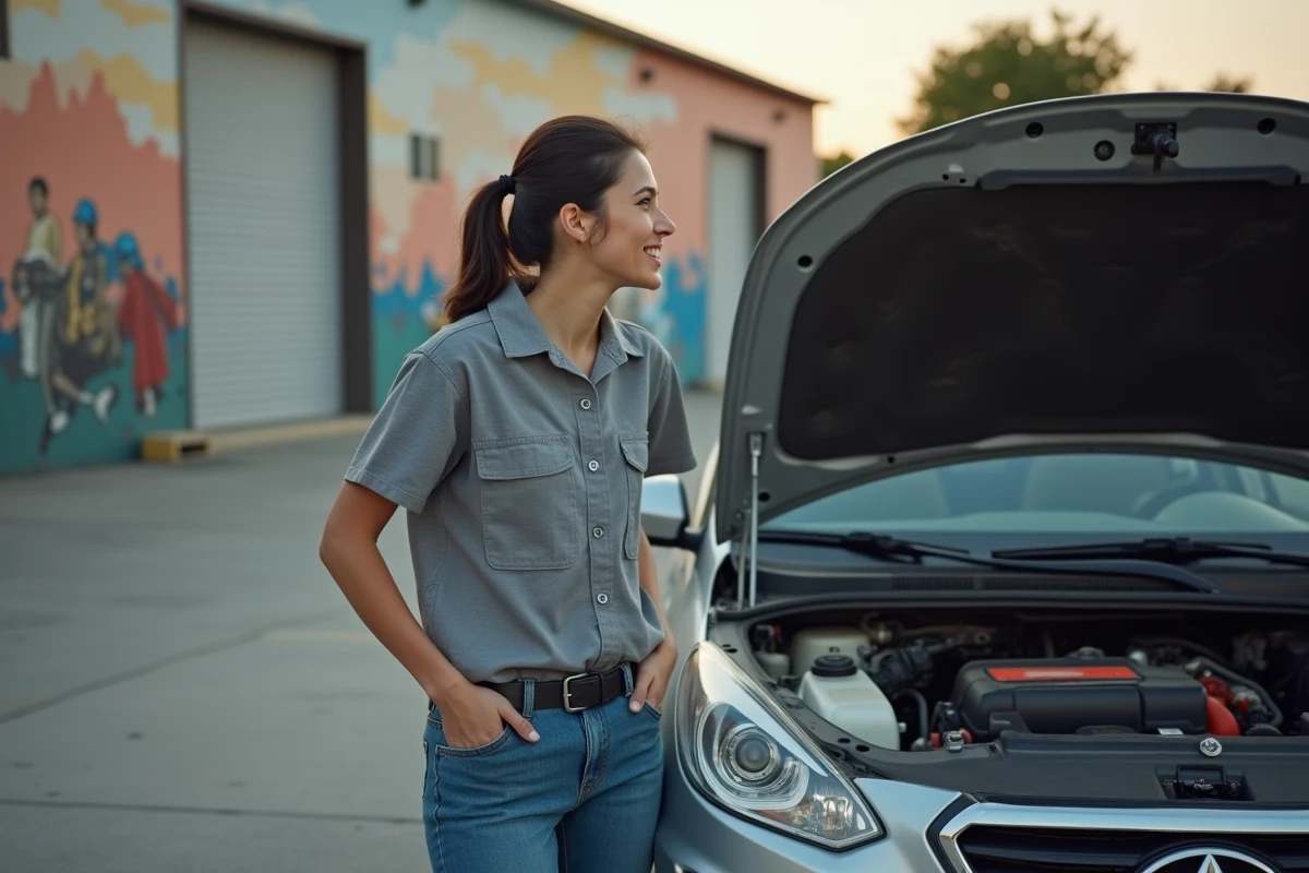Jeune femme souriante devant une voiture dans un garage extérieur