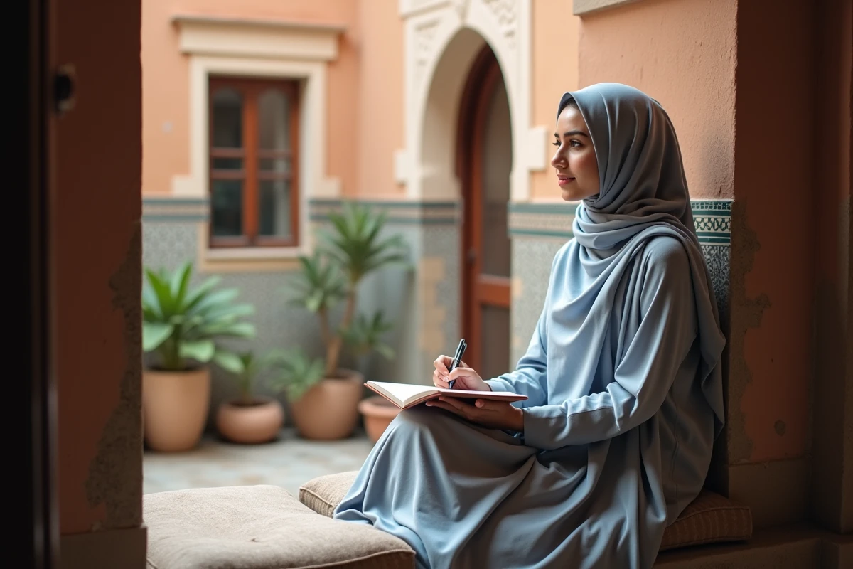 Jeune femme musulmane écrivant dans un carnet après la douaa istikhara dans un riad traditionnel