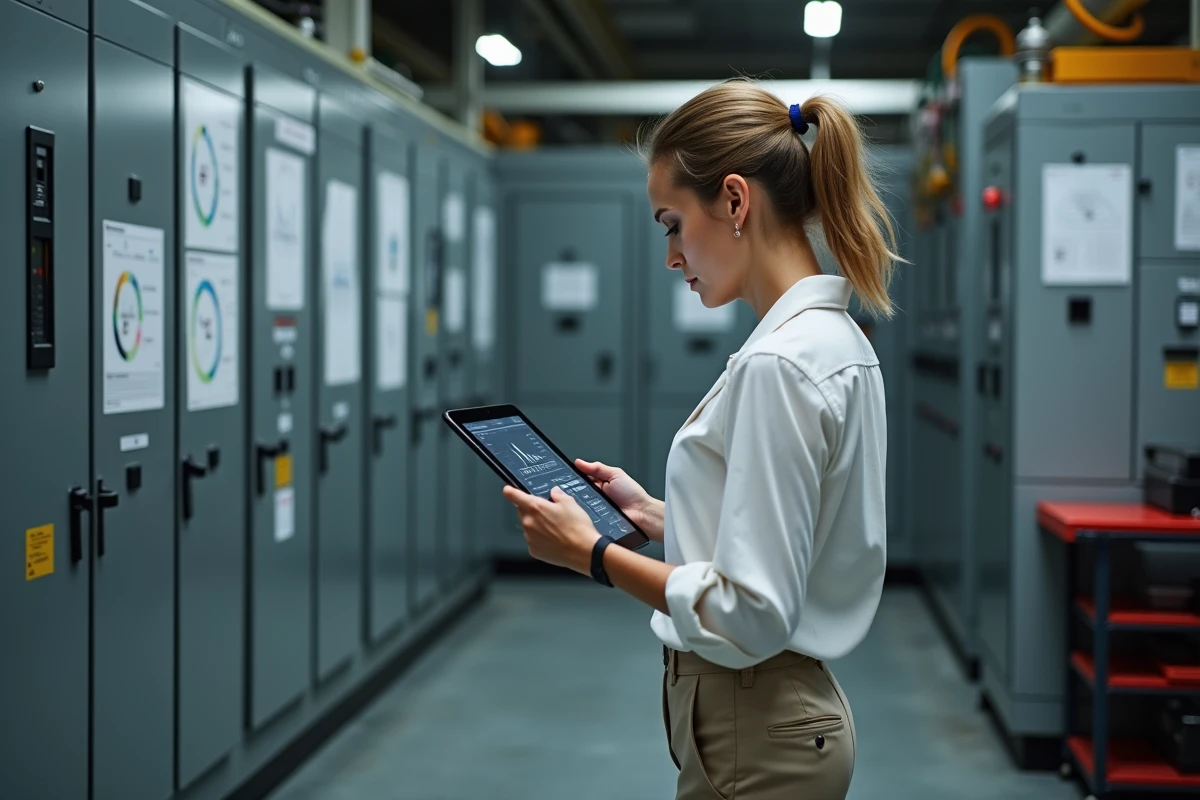 Jeune ingénieure dans un atelier industriel avec panneau électrique