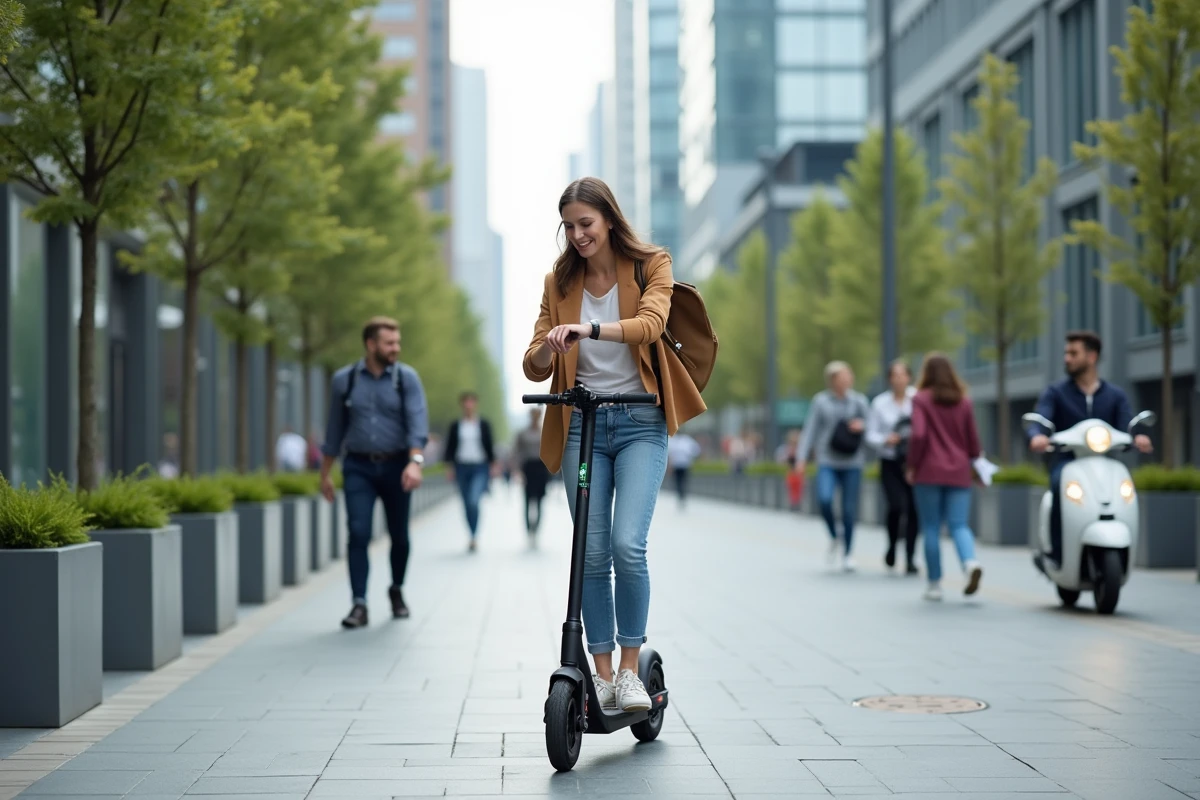 Jeune femme souriante en escooter dans un espace urbain