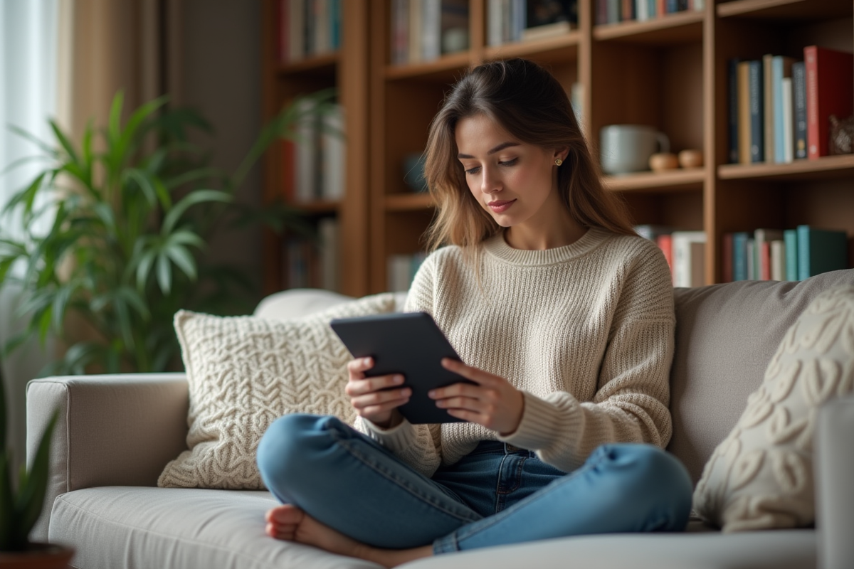Jeune femme lisant un e-reader dans un salon cosy