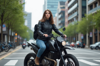 Jeune femme en moto dans la ville moderne