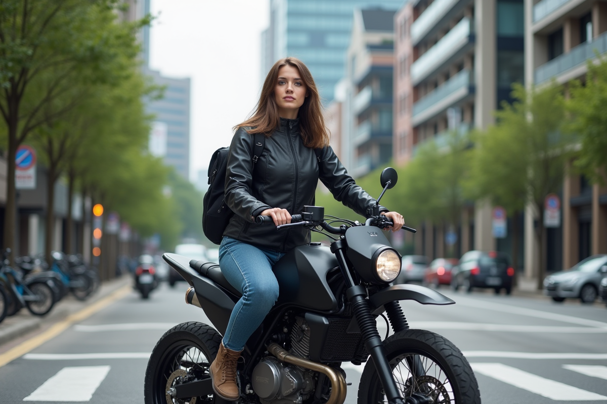 Jeune femme en moto dans la ville moderne