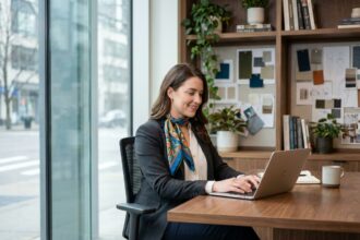 Femme professionnelle concentrée sur son ordinateur dans un bureau moderne