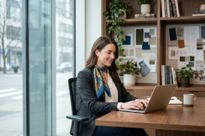 Femme professionnelle concentrée sur son ordinateur dans un bureau moderne
