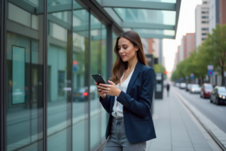 Jeune femme professionnelle au tram dans la ville