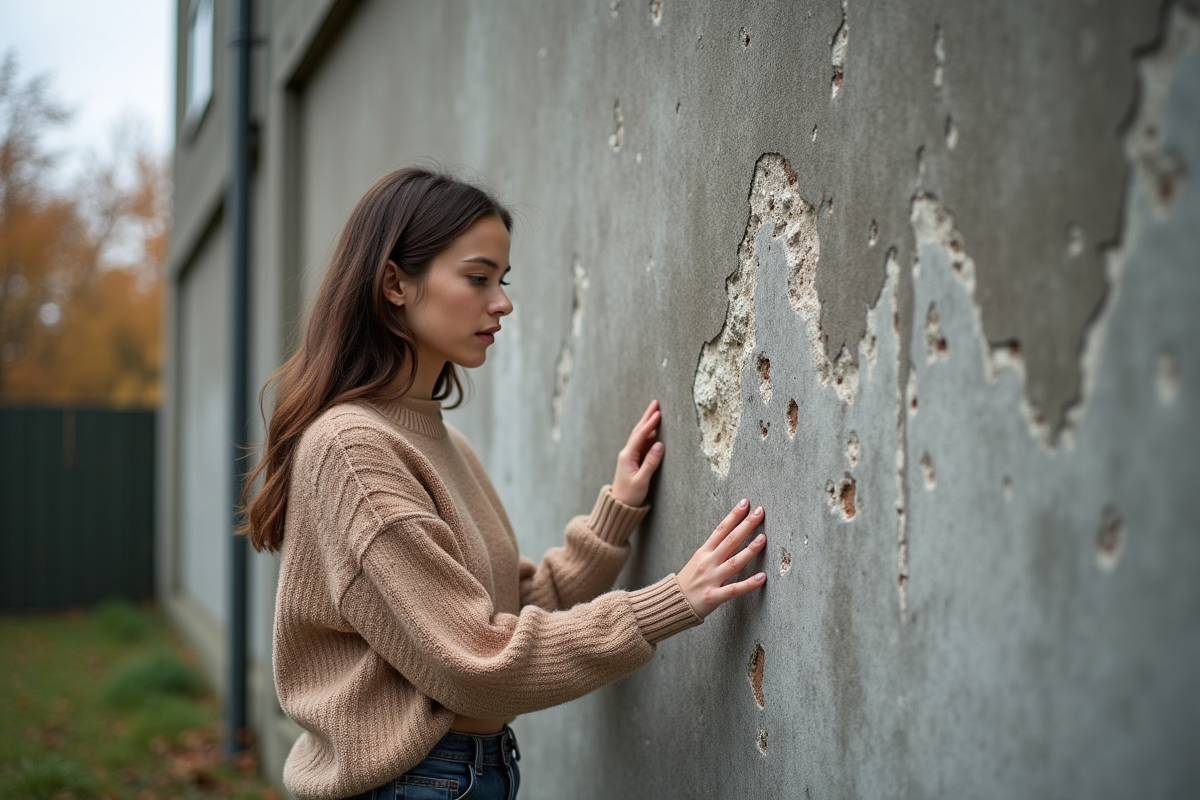 Jeune femme observant un mur en béton avec dépôts cristallins blancs