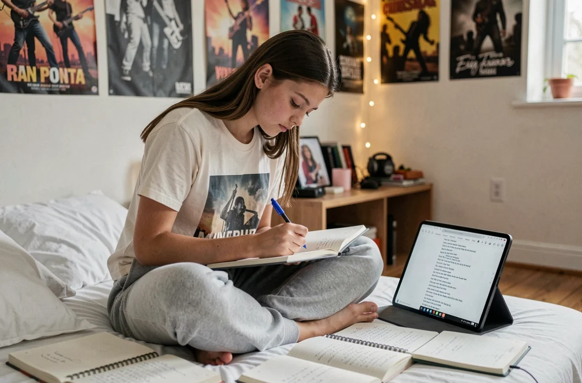 Adolescente annotant des traductions de paroles de chanson dans un carnet entourée de ses notes dans sa chambre