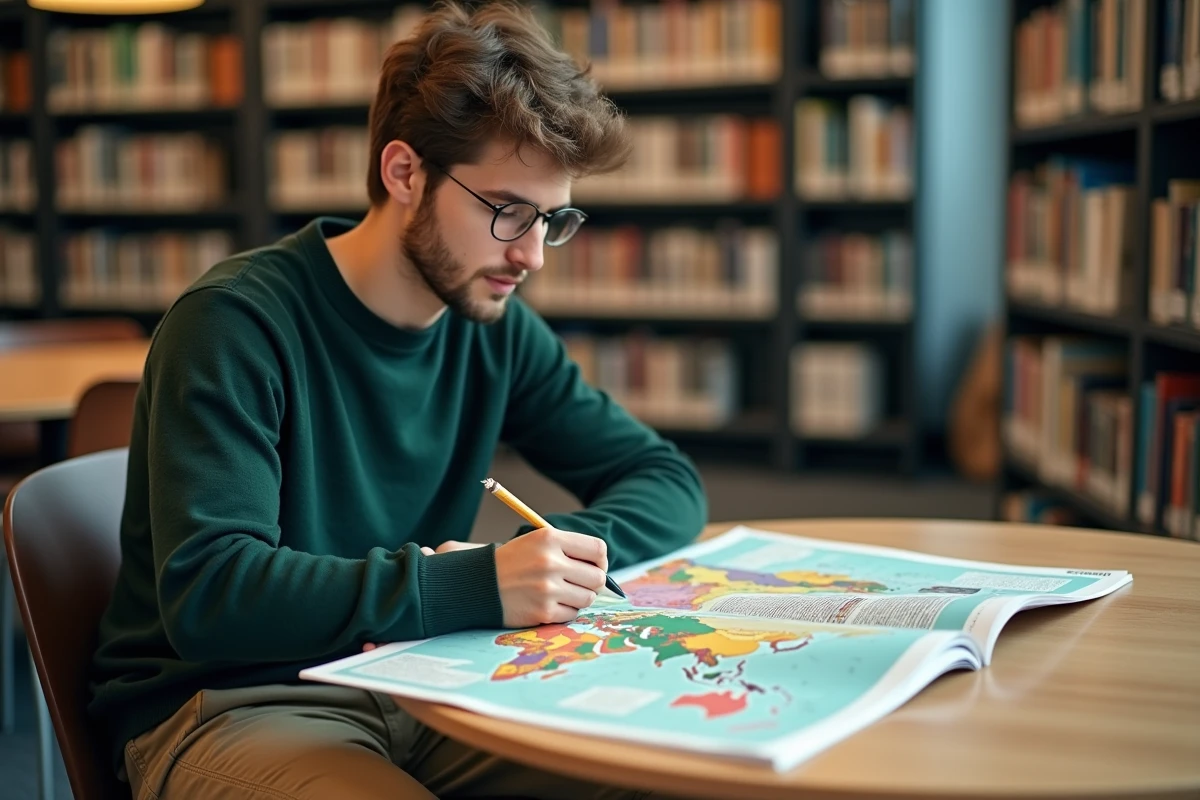 Jeune homme consultant un grand atlas ouvert sur des cartes comparatives de la superficie des pays du monde dans une bibliothèque universitaire moderne