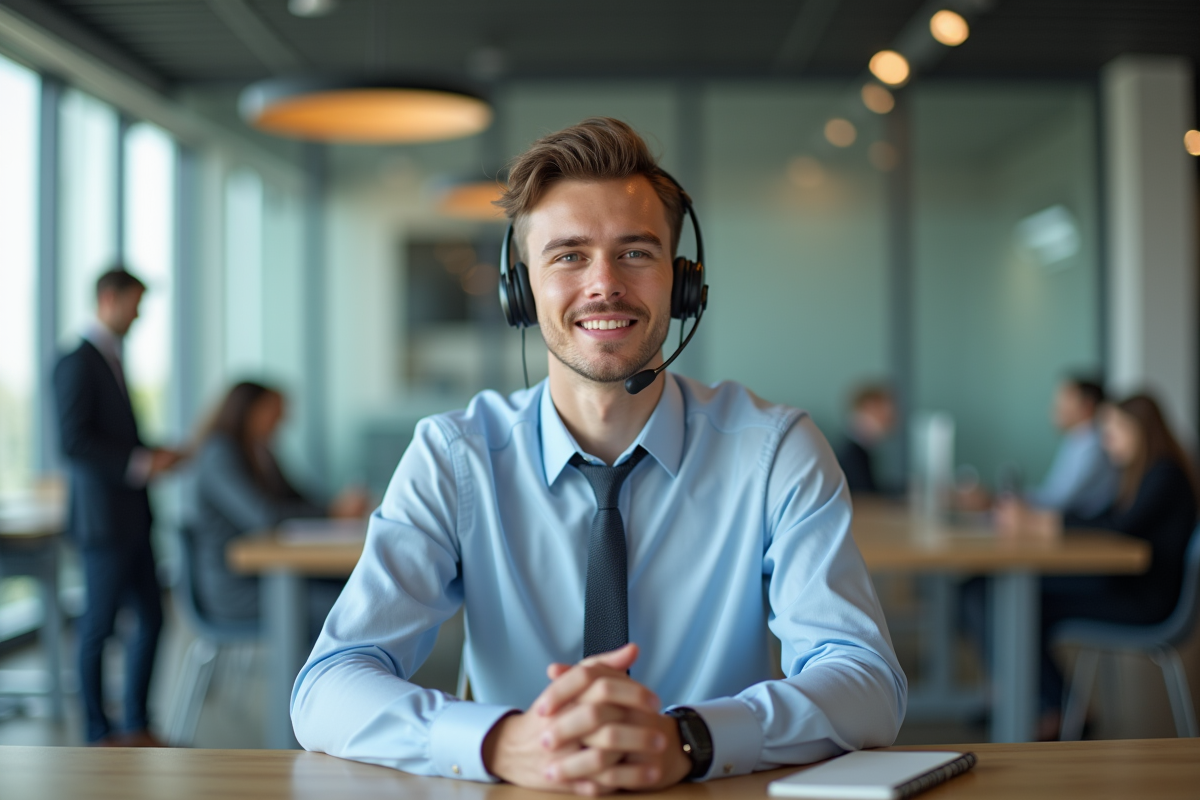 Jeune homme en costume expliquant au téléphone au bureau
