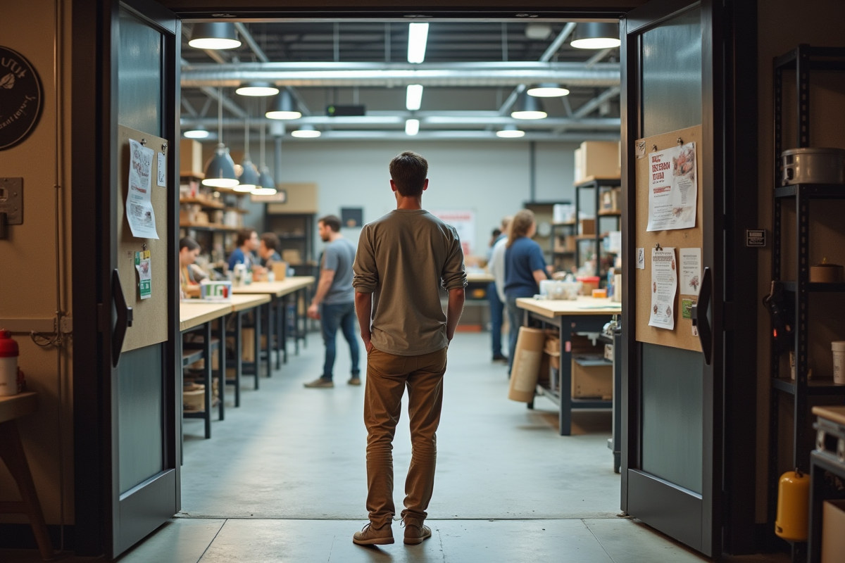 Jeune homme dans un makerspace urbain regardant un tableau d