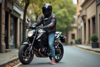 Jeune garçon avec moto 50cc en ville paisible